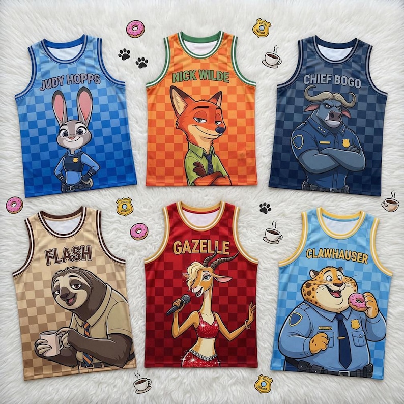 May include: Six colorful Zootopia-themed basketball jerseys. Each jersey features a character: Judy Hopps, Nick Wilde, Chief Bogo, Flash, Gazelle, and Clawhauser. The jerseys have character names printed at the top and are decorated with donuts, paw prints, and coffee cups.