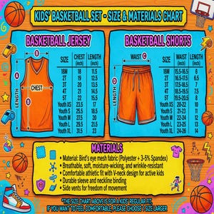 May include: Orange kids' basketball jersey and shorts set with size and materials chart. The jersey has a V-neck, and the shorts have a drawstring. The chart provides measurements in inches for chest, waist, and length.