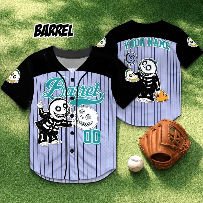 May include: Baseball jersey with a black and light blue design. The jersey features a cartoon skeleton character and the word "Barrel" in white. A baseball glove and ball are also visible.
