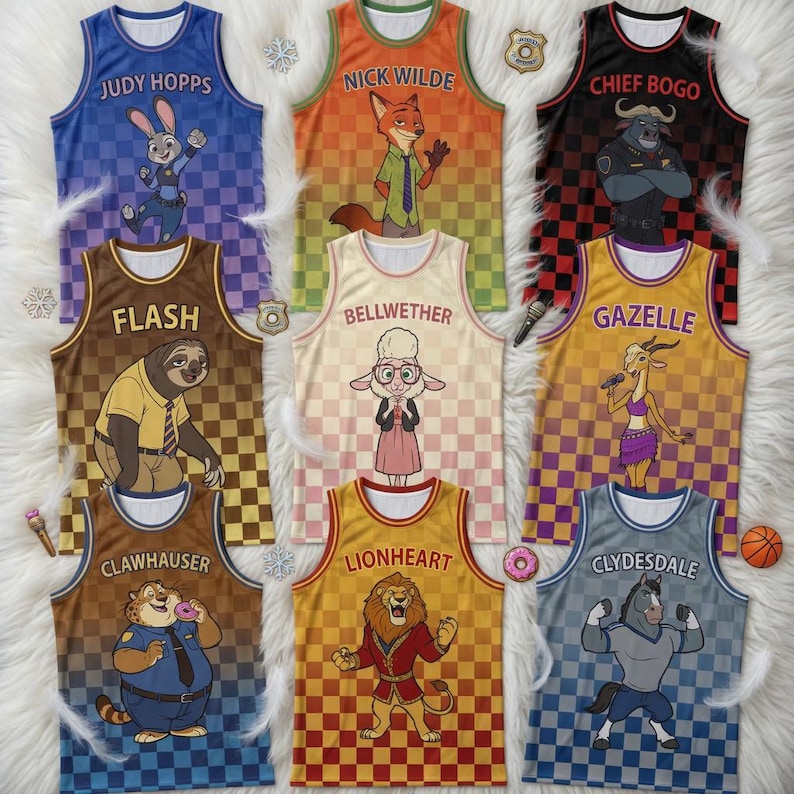 May include: Nine colorful basketball jerseys featuring characters from Zootopia. Each jersey has a character's name printed on it, such as "Judy Hopps", "Nick Wilde", and "Chief Bogo". The jerseys have a checkered pattern and are displayed on a white, fluffy surface.