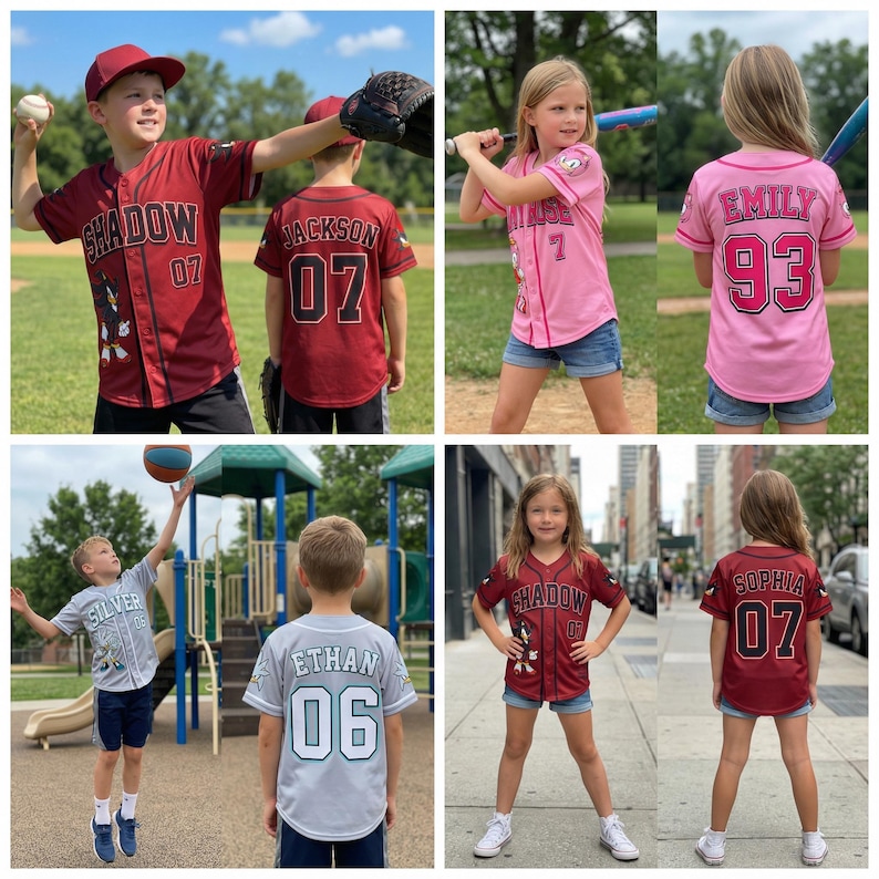 Peut inclure: Plusieurs enfants portent des maillots de baseball de couleurs vari&eacute;es, notamment rouge, rose et gris. Chaque maillot affiche un nom et un num&eacute;ro au dos. Certains maillots portent le mot "SHADOW" sur le devant. Les enfants sont dans des environnements ext&eacute;rieurs diff&eacute;rents.