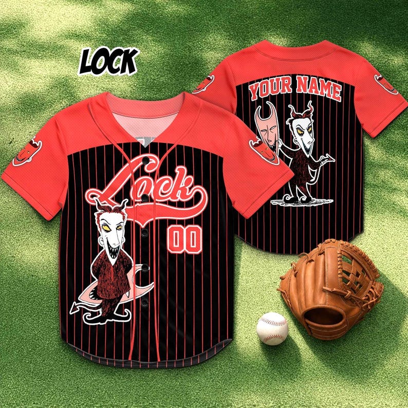 May include: Red and black baseball jersey with the name "Lock" and the number "00" on the front. The jersey features a cartoon character graphic and the text "Your Name" on the back. A baseball glove and ball are also in the image.