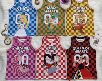 Alice in Wonderland Basketball Jersey, Cheshire Cat Mad Hatter White Rabbit Queen of Hearts Shirt USA, Cartoon Sleeveless Tank Top