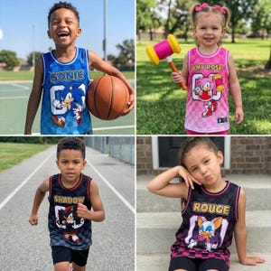 May include: Four children wearing Sonic the Hedgehog themed jerseys. The jerseys are blue, black, and pink with character graphics and names. One child holds a basketball, and another holds a toy hammer.