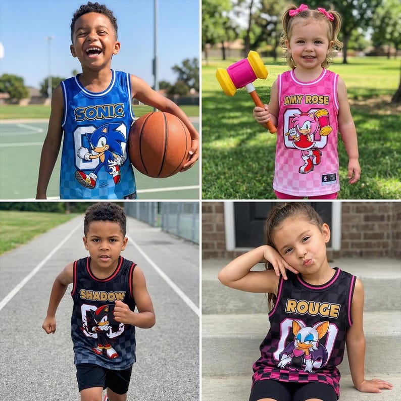 May include: Four children wearing Sonic the Hedgehog themed jerseys. The jerseys are blue, black, and pink with character graphics and names. One child holds a basketball, and another holds a toy hammer.