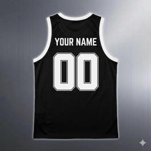 May include: Black basketball jersey with white trim and the text "YOUR NAME" above the number "00". The jersey is sleeveless and has a classic athletic design.
