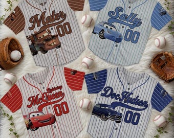 Personalized Cars Baseball Jersey, Custom Name Number Disney Pixar Gift, Lightning McQueen Mater Sally Shirt