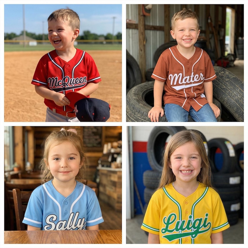 Puede incluir: Cuatro ni&ntilde;os con camisetas de b&eacute;isbol. Las camisetas son rojas con "McQueen", marr&oacute;n con "Mater", azul claro con "Sally" y amarillo con "Luigi". Los ni&ntilde;os sonr&iacute;en y posan para la c&aacute;mara.