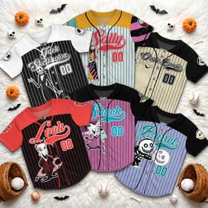 May include: Assortment of baseball jerseys featuring characters from a popular animated film. Each jersey has a different color scheme and character design, including Jack Skellington, Sally, and Oogie Boogie. The jerseys have the number "00" on them.