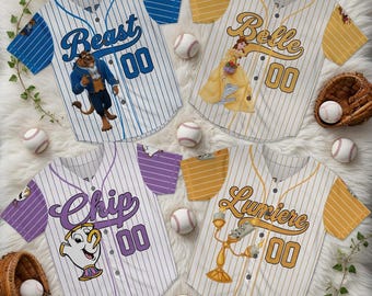 Gepersonaliseerde Belle en het Beest-familiejerseyset, aangepaste outfit voor naamnummer, Disney-cadeau, Belle Beast Chip Lumiere-shirts