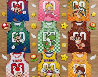Super Mario Basketball Jersey, Gaming Sleeveless Shirt, Gamer Gift USA, Mario Luigi Yoshi Peach Cartoon Tank Top