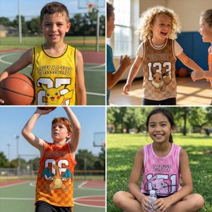 May include: Four children wearing colorful basketball jerseys with cartoon character designs. The jerseys feature Pikachu, Eevee, Charizard, and Mew. The children are on a basketball court and in a grassy area.