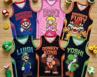 Super Mario Basketball Jersey, Gaming Sleeveless Shirt, Gamer Gift USA, Mario Luigi Yoshi Peach Cartoon Tank Top