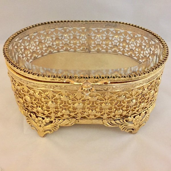 Matson Gold Metal Filigree Jewelry Box With Glass Lid