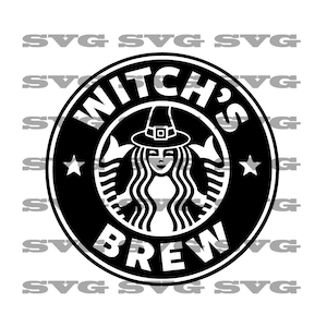 Puede incluir: Ilustración en blanco y negro de la cara de una bruja con un sombrero de bruja dentro de un círculo con el texto "Witch's Brew" y dos estrellas.