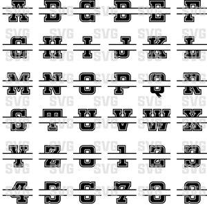 May include: A set of uppercase letters and numbers in a bold, blocky font style. Each letter and number is split in half horizontally with a line separating the top and bottom halves. The letters and numbers are black against a white background.