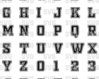 May include: Black and white alphabet and number set in a bold, blocky font style. The letters and numbers are outlined in a thicker black line.