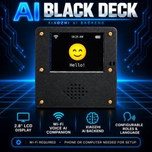 May include: A black square electronic device with a 2.8-inch LCD screen displaying a yellow smiley face and the text Hello. The device features gold-colored screws at the corners and a speaker grille. Text includes AI BLACK DECK and XIAOZHI AI BACKEND.