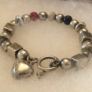 Rare Vintage Silpada Sterling Silver and Red, White and Blue Natural Stone Bead Heart Charm Bracelet With a Toggle Clasp B0734