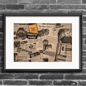 May include: Framed vintage print featuring a collage of old photography advertisements. The print includes text such as "PHOTO FANS!" and "KODAK DEKTOL DEVELOPER." The advertisements showcase cameras, film, and related products, all in a sepia tone.
