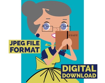 Digitales Poster Download Vintage Hausfrau hält ein Tagebuch Jpeg Dateiformat