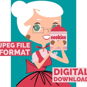 Digitales Poster Download Vintage Hausfrau mit Keksdose und Cookie Ohrringe Jpeg Dateiformat