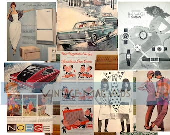 Reklam för vintagetidningar, collageark, retromode från midcentury