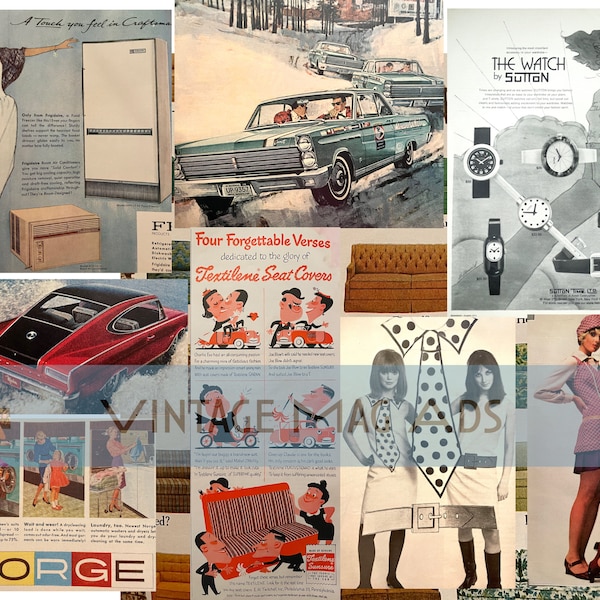 Vintage Magazine Advertisements Collage Sheet Midcentury Retro Fashion