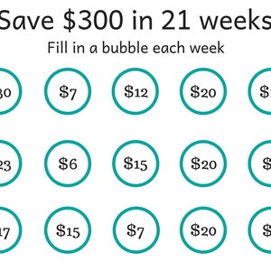 May include: A chart with green circles containing dollar amounts, showing a savings plan to save $300 in 21 weeks. The text "Save $300 in 21 weeks" and "Fill in a bubble each week" is at the top of the chart.