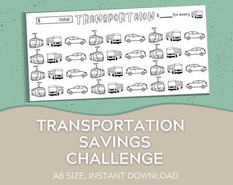 May include: A printable black and white transportation savings challenge tracker. The tracker features a grid of 36 icons of cars, buses, and trams. The text "TRANSPORTATION £ ____ for every £ ____ total" is at the top of the tracker.