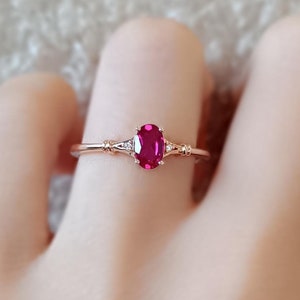 Ruby Promise Ring, Stunning Oval Ruby Ring, Rose Gold July Birthstone Ring, 14K Ruby Women Personalized Gift, Diamond 18K Gold Vermeil Band