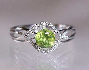 Round Peridot Promise Ring, 14K Gold August Birthstone, Sterling Silver Ring, Gifts For Her