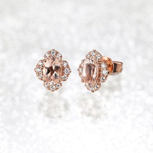オーバル モルガナイト ダイヤモンド ヴィンテージ フローラル スカロップ イヤリング、14K ローズゴールド ナチュラル ピンク ジェム フラワー スタッド、シルバー フローラル デザイン ベストフレンド スタッド