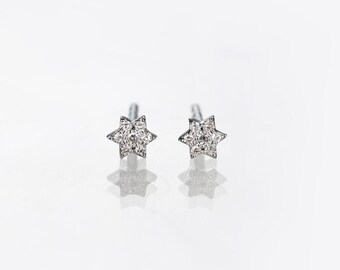 925S Sterling Silver Jewish Star Earrings, 14K Gold Delicate Hexagram Star Diamond Studs, Solid Gold Minimalist Valentine&#39;s Day for her