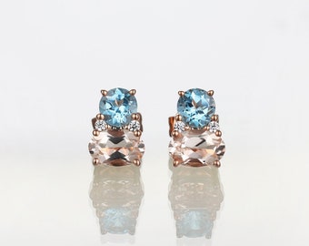 Blue Topaz Oval Morganite Stud Earrings, Natural Toi Et Moi Earring, Elegant Minimalist Stud, Unique Dainty Gift for Bestfriend