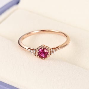 Lab Grown Ruby Hexagon Ring, 18K Gold Vermeil, Sterling Silver Milgrain Ring Band