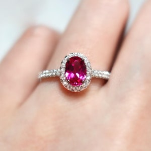 14K Ruby Ring, Ruby Halo Engagement Ring, Gorgeous July Birthstone Red Gem Diamond Ring, Elegant Oval Precious Ring, Mothers Day Present
