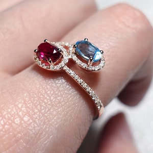 Ruby Topaz Toi Et Moi Ring, 18K Gold Vermeil, Couple Birthstone Ring