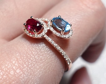 Ruby Topaz Promise Ring, Toi Et Moi Ring, 18K Gold Vermeil Ring, Couple Birthstone Ring, Him Her Ring, Custom Gemstone Ring, Two Gemstone