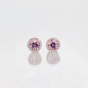 14K Halo Pink Sapphire Diamond Earrings Studs, September Birthstone Gift for Her, Round 5mm Light Pink Stone Studs, Pink Gemstone