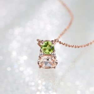 Peridot Morganite Two Stone Necklace, 14K Gold Diamond Custom Birthstone Necklace, Bridesmaid Gift, 18K Gold Vermeil Green Pink Gemstone