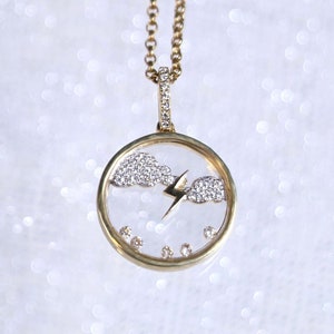 14K Gold Thundercloud Charm Necklace, Silver White Sapphire Glass Surface Pendant, Thundercloud Charm Locket, Gold Vermeil Charm Pendant