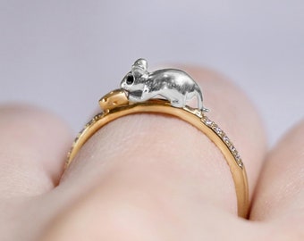 Silver Unique Statement Baby Mouse Ring, Yellow Gold Year of the Rat & Cheese Ring, Cute 14K Pet Animal Jewelry, Mothers Day Present