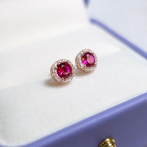 Lab Grown Ruby Stud Earring, 14kt Yellow Gold 5mm Lab Grown Ruby Halo Diamonds Earrings, July Birthstone, Mothers Day Personalized Gifts