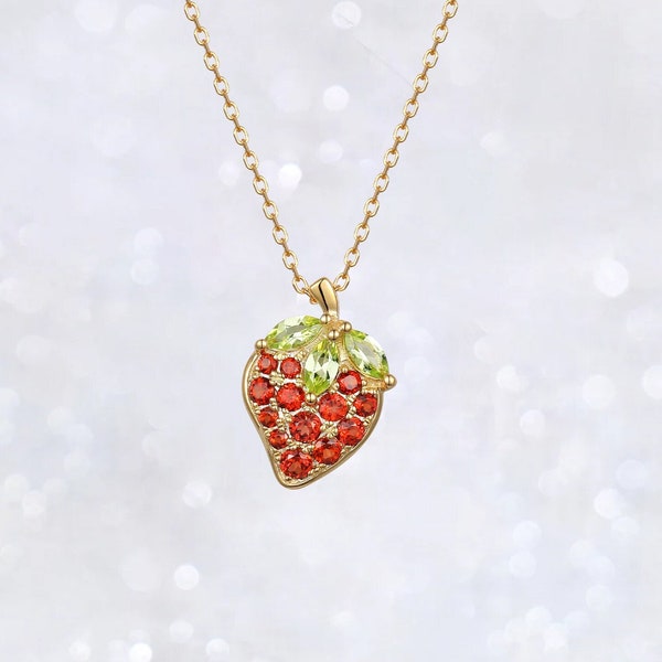 Strawberry Garnet Necklace, Silver Garnet Sweet Strawberry Necklace, 14K Gold Garnet Peridot Necklace, Summer Strawberry Necklace For BFF