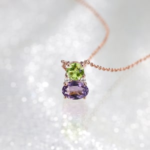 Peridot Amethyst Necklace, Two Stone Necklace, 14K Double Stone Gem Pendant, 2 Stone Gold Petite Oval Birthstone Necklace, Diamond Necklace