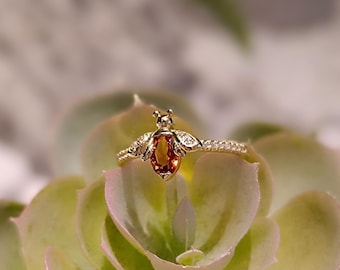 Citrine Honey Bee Ring, Custom Insect Gemstone Gift, Gold Ring Jewelry