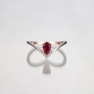 Lab Grown Ruby V Ring, 14K Gold Vermeil, Pear Cut Gemstone