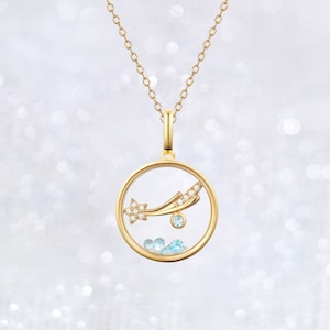 Solid Gold Meteor Star Topaz Necklace, Diamond Topaz Pendant, 14K Blue Topaz Glass Charm, White Sapphire Glass Surface, Floating Locket