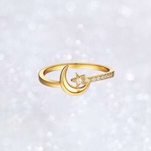 Crescent Moon and Star Ring, Etoile Proposal Diamond Ring, Silver Star Cubic Zirconia Band Ring, Cute Star Celestial Jewelry